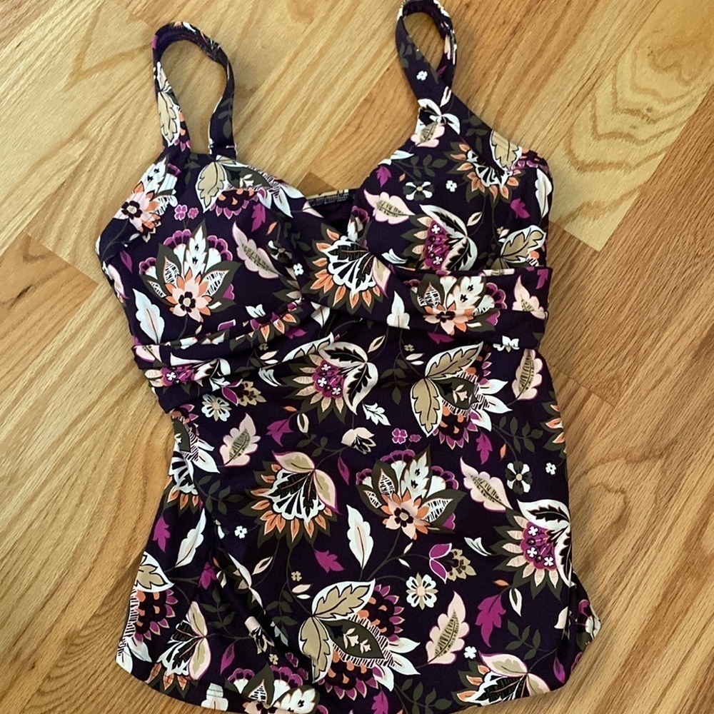 Lands End Tankini surplice wrap front Swim top Womens 10 DD black purple floral